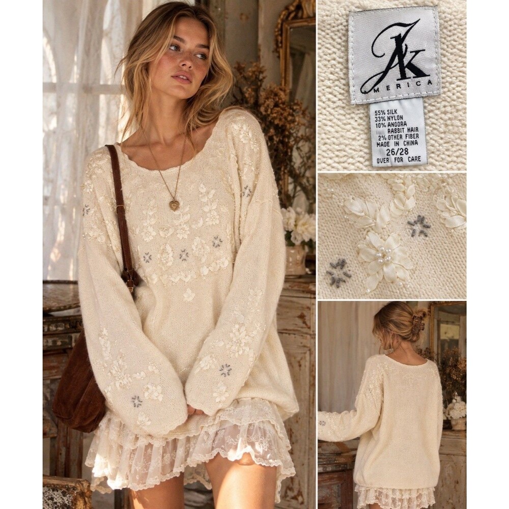 Vintage Anne Klein AK America Sweater 26/28 3X Silk Angora Embroidered NWT